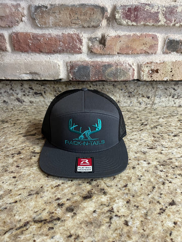Rack-N-Tails Charcoal/black 7 panel with teal logo